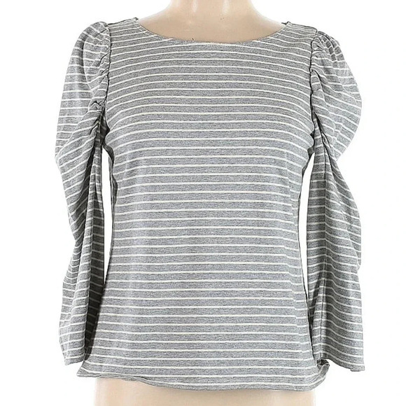 Rebecca Taylor La Vie Grey & White Stripe Cotton Puff Sleeve Blouse Size Large L - Picture 2 of 6